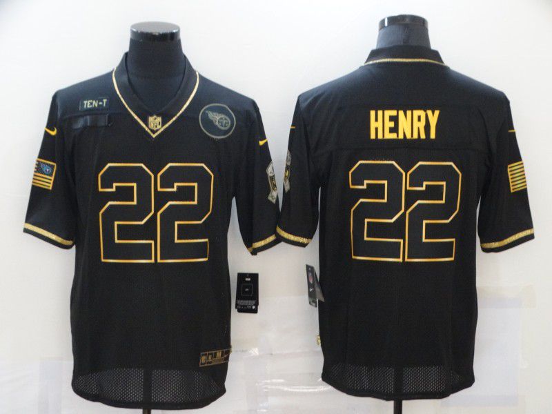 Men Tennessee Titans 22 Henry Black Retro Gold Lettering 2020 Nike NFL Jersey